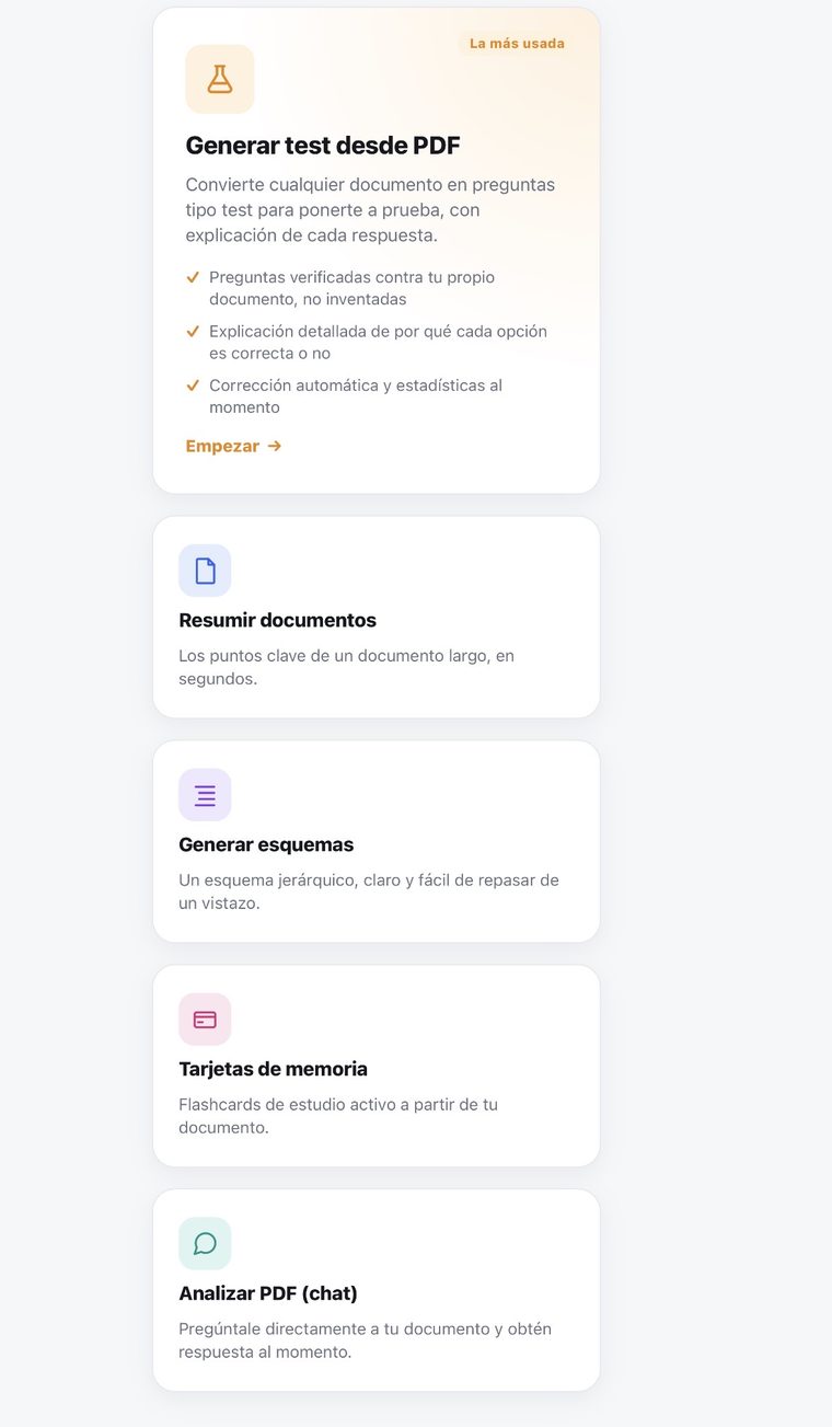 Captura del menú de Herramientas IA con las 5 tarjetas: generar test, resumir, esquemas, tarjetas y chat con el PDF