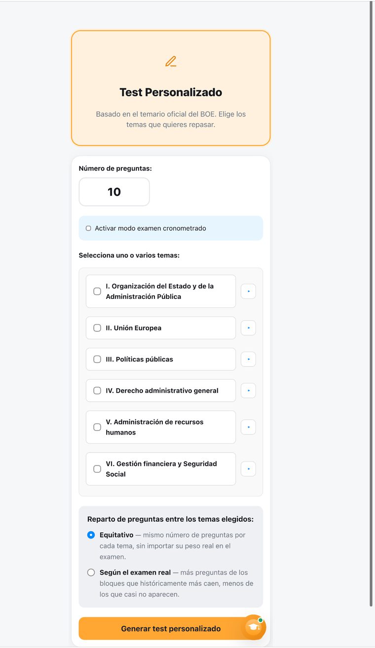 Captura de la pantalla de configuración de Test Personalizado: número de preguntas, temas por bloque y reparto