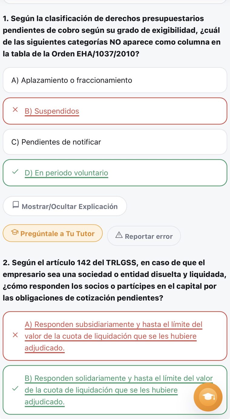 Captura del detalle de resultados con respuestas correctas e incorrectas resaltadas y explicación de cada pregunta