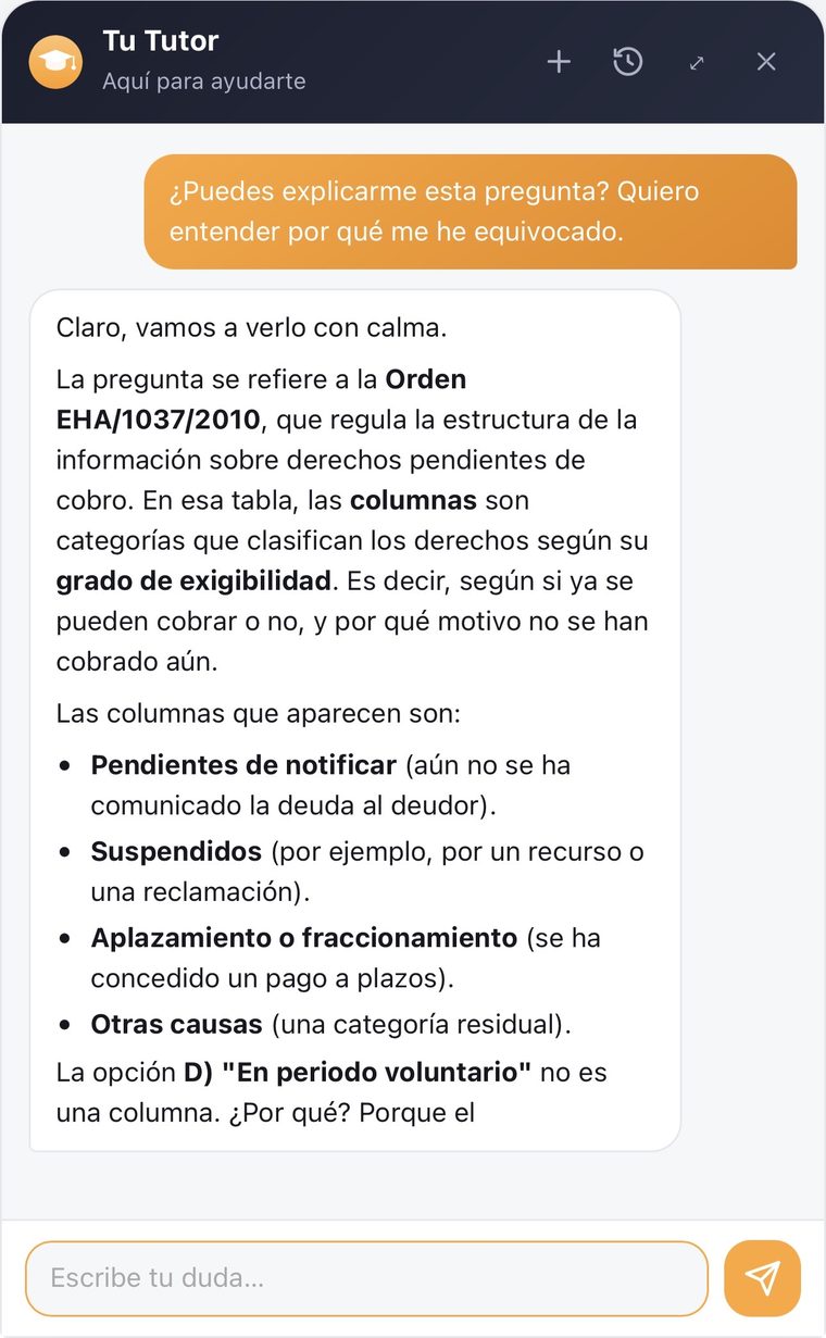 Captura de la conversación con Tu Tutor, explicando una pregunta fallada de un test